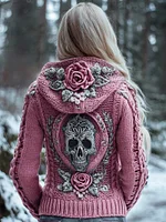 Viking Skull & Floral Knit Art Women's Hooded Sweater