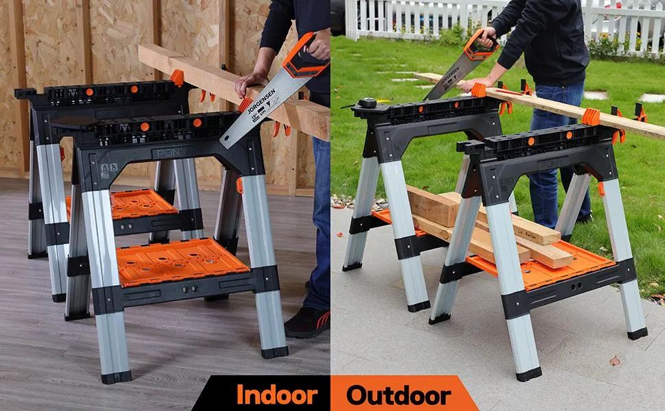 #fathersdaygift PONY 2-Pack Clamping Sawhorses, 1200 LBS Load Capacity, 30-3/4" Folding Sawhorse with 12” F Clamps, Bench Dogs, Angle Clamps, 2" Spring Clamps, Steel Legs, Heavy Duty for Woodworking