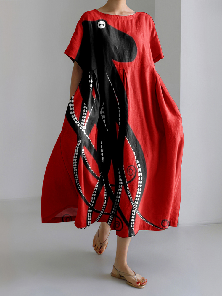 Comstylish Vintage Japanese Art Octopus Print Casual Midi Dress