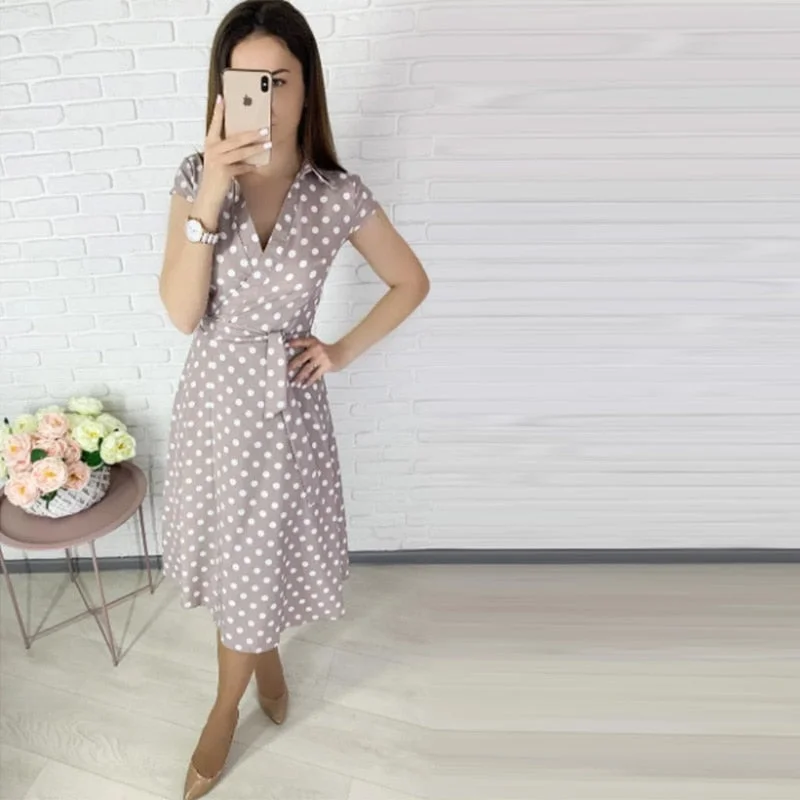Women Casual A line Dot Printing V neck Lace Turn Down Collar Off the shoulder Mid Dress Pink2021 New Fashion Sexy Summer Dress