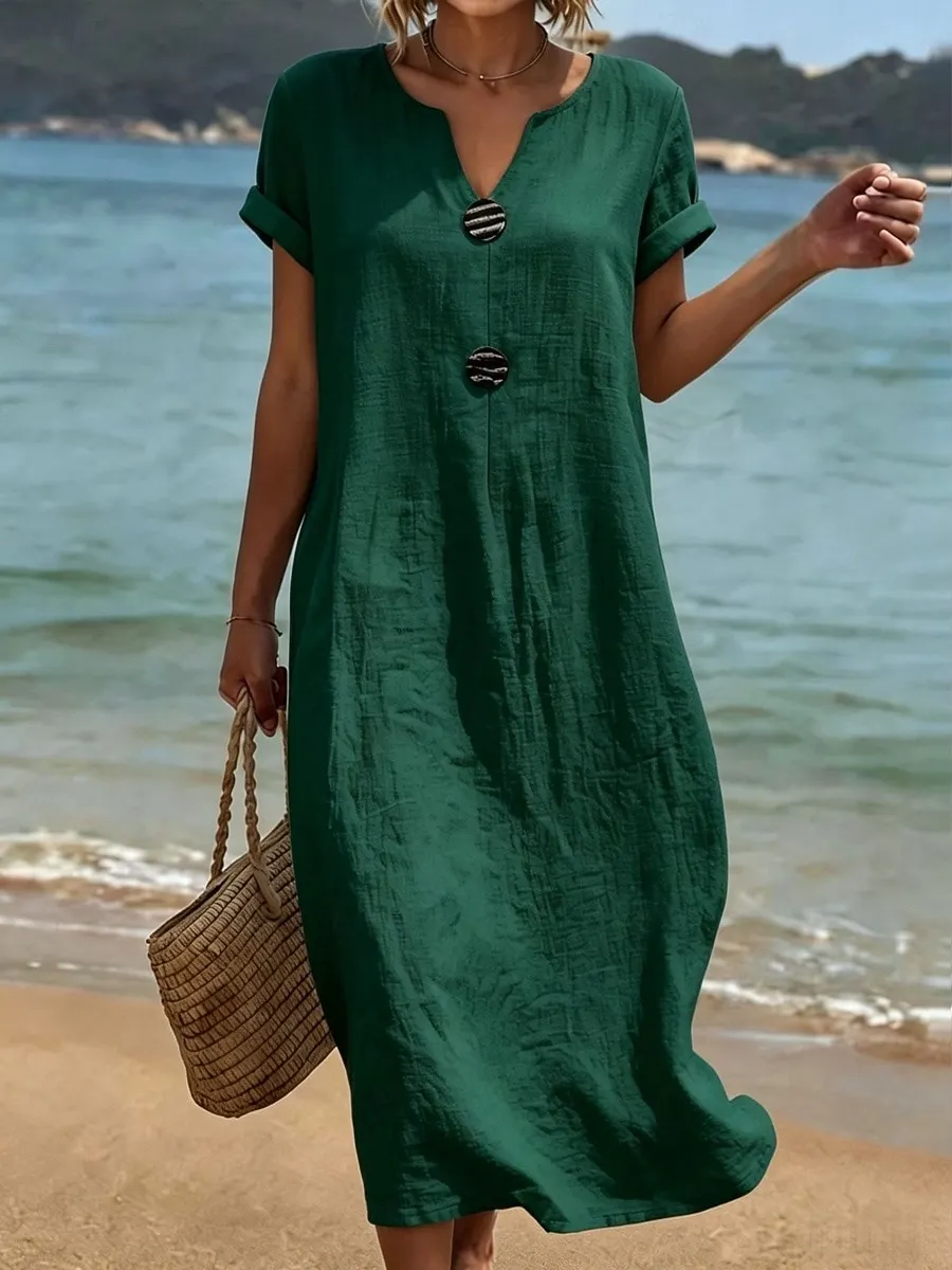 Women's Midi Dress Beach Dress Casual Dress Summer Dress Basic Classic Daily Vacation Loose Fit Plain Short Sleeve V Neck White Navy Blue Green Summer Spring 2026 - β¬33.99 βP2