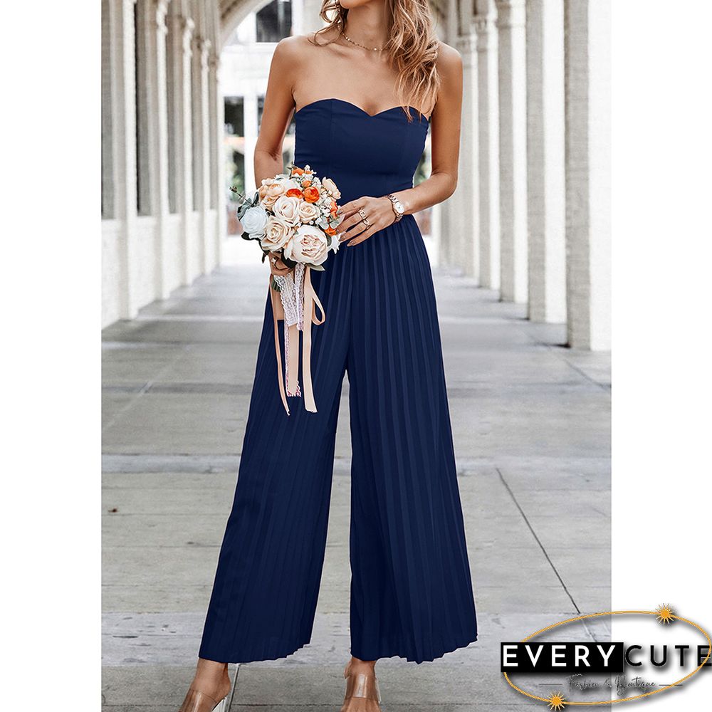 Navy Blue Smocked Tube Wide Leg Casual Jumpsuit