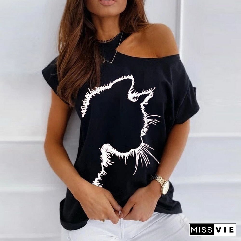 Sexy Blouse Women Elegant Fashion Short Sleeve Hollow Out Blouse Cat Cute Print One Shoulder Pullover Women Clothing Summer D30