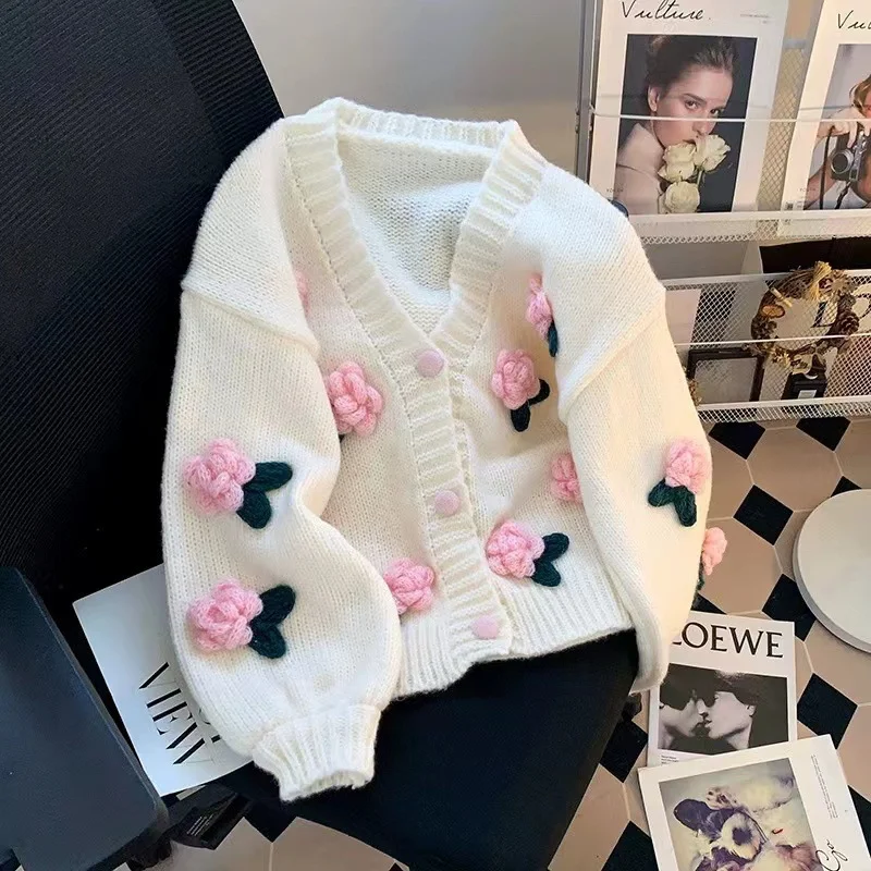 Ueong Three-Dimensional Flower Cardigan Sweater Female Short Style Small Fragrant Style Loose Coat With Foreign Style Age-Reducing Sweater