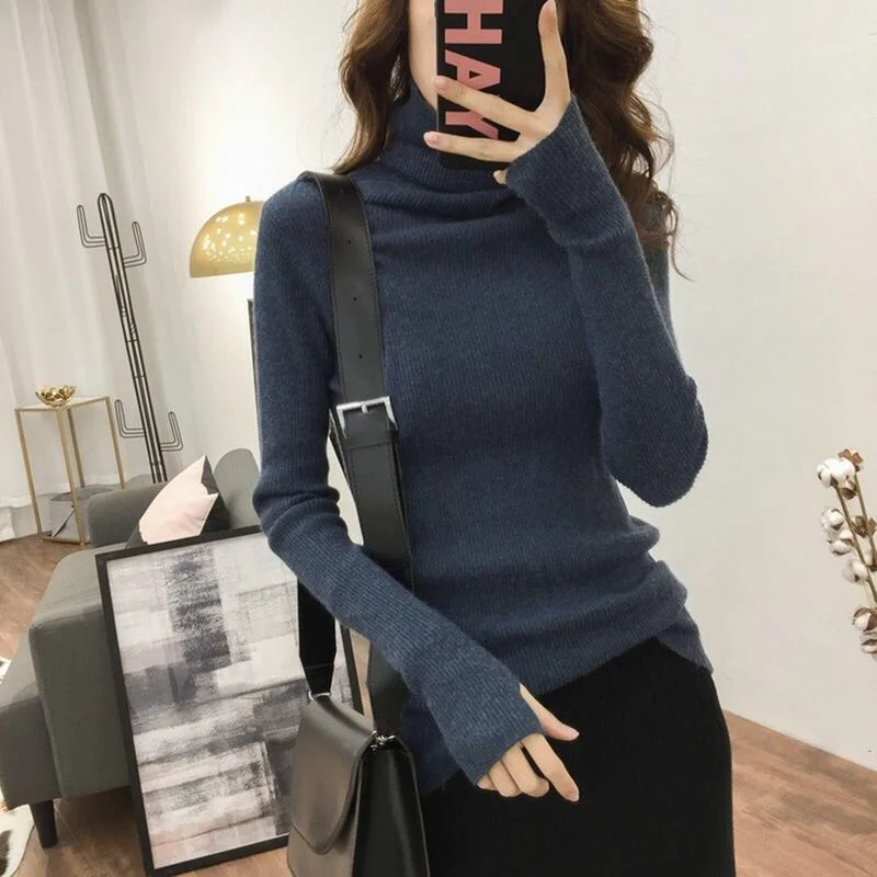 2020 Autumn Winter warm Sweater Women Knitted Ribbed Pullover Sweater Long Sleeve Turtleneck Slim Jumper Soft Warm Pull Femme