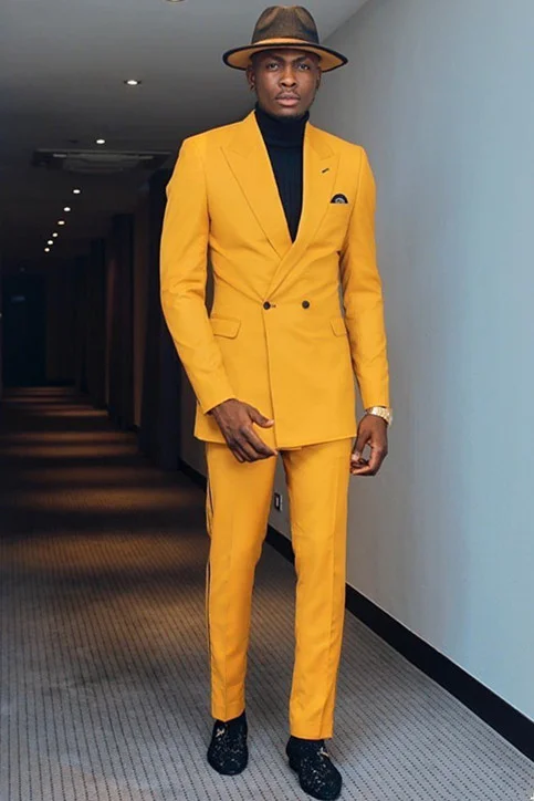 Double Breasted  Bespoke Business Suit Yellow Peaked Lapel For Party