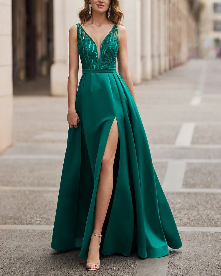 Women's Green Elegant Satin Maxi Dress - 01