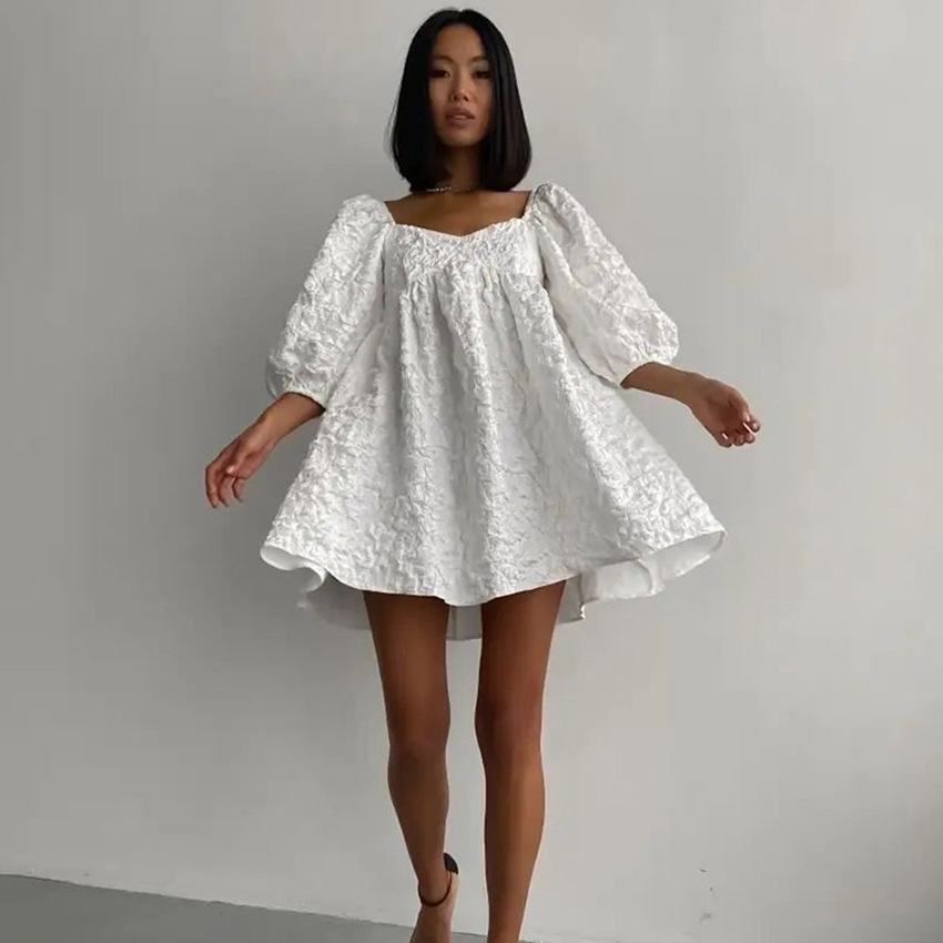 Ootddress Jacquard V-neck Dress For Women Bubble Sleeve Niche Design Solid Color Loose Fashion Ladies Short Dress 2025 Summer New