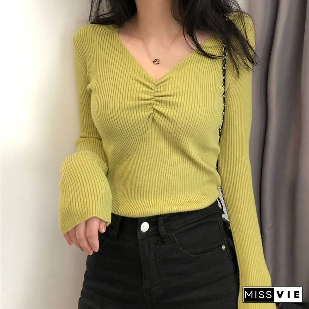 Fall Sexy V Neck Sweater And Pullover Women Slim Fit Long Sleeve Knitted Tops Female Korean Fashion Solid Color Soft Jumper