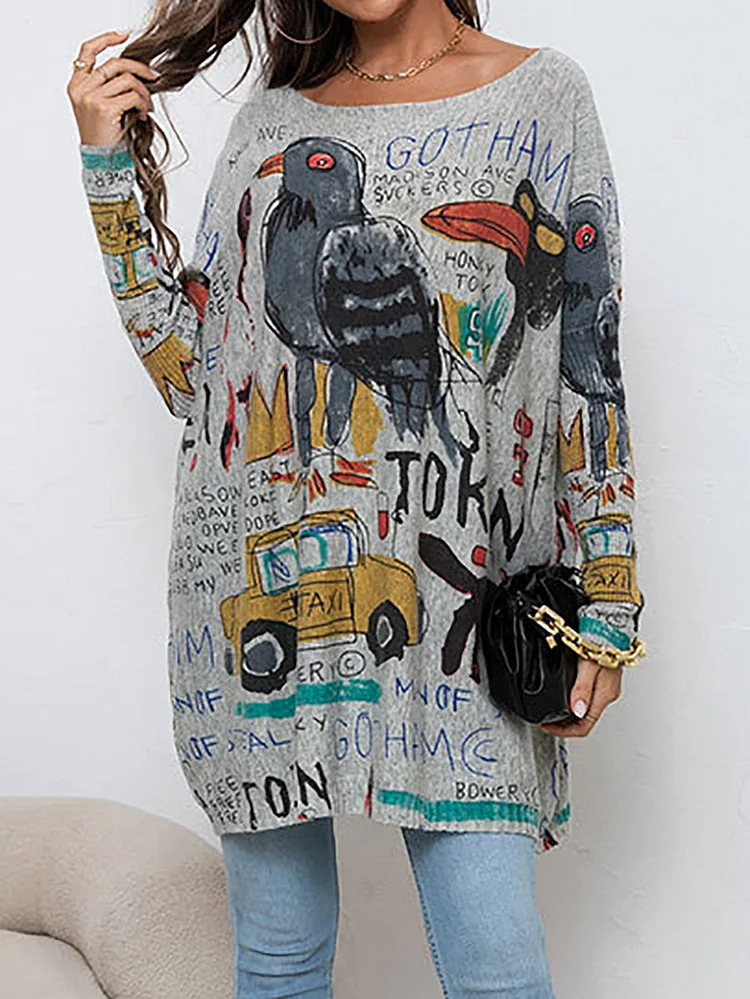 Women Casual Cartoon Bird Print Knitted Shirt