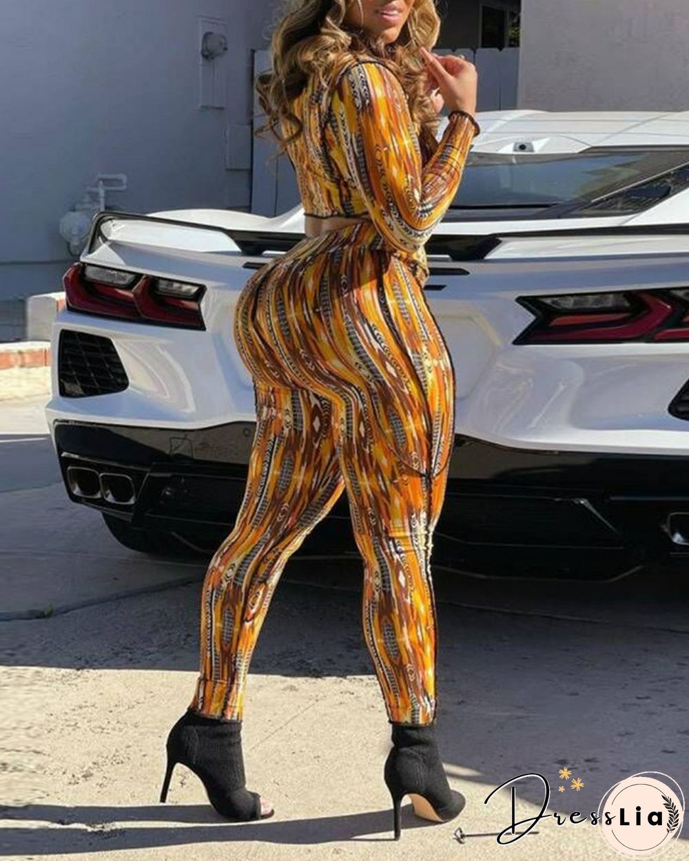 All Over Print Lace-Up Front Crop Top & Pants Set