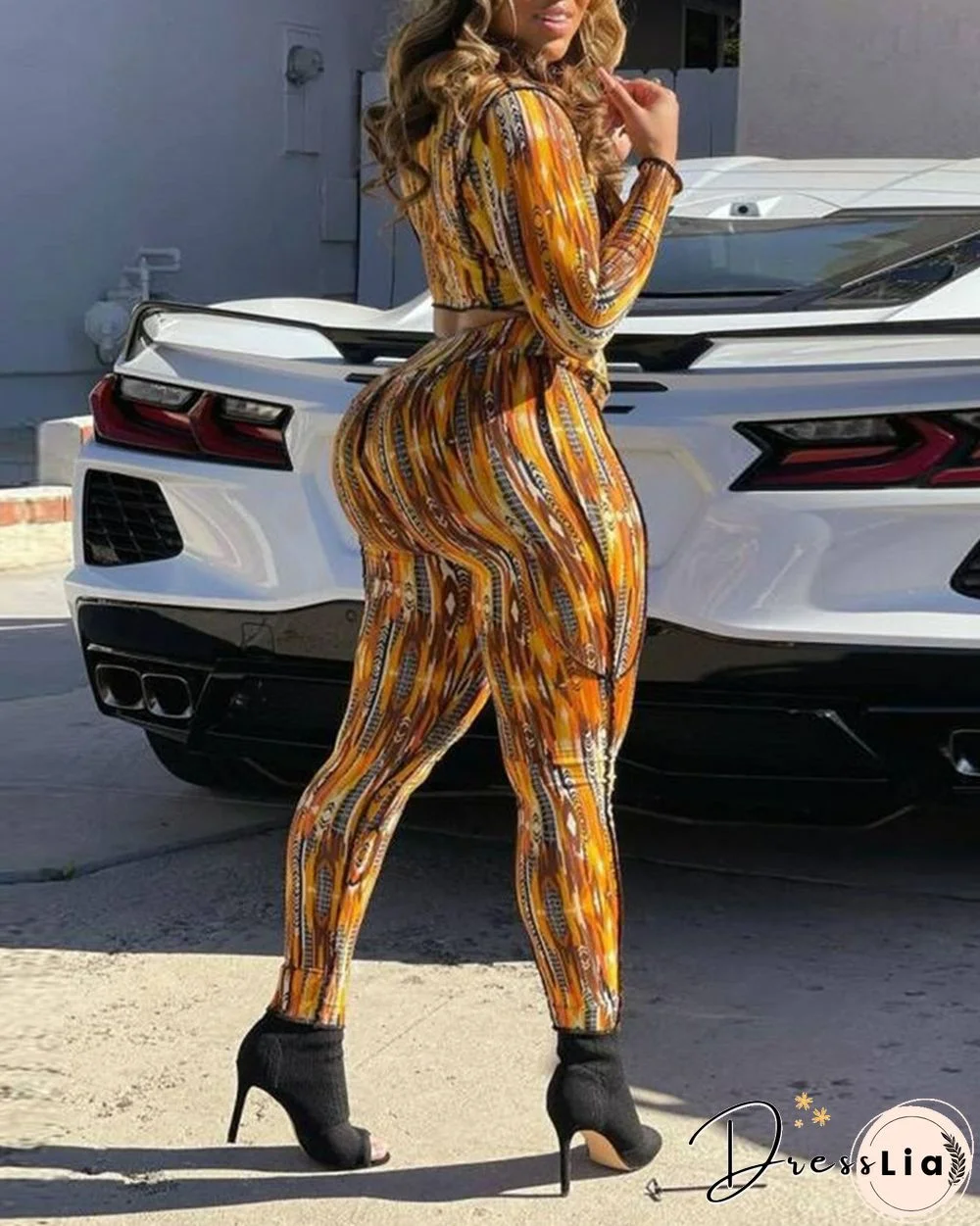 All Over Print Lace-Up Front Crop Top & Pants Set