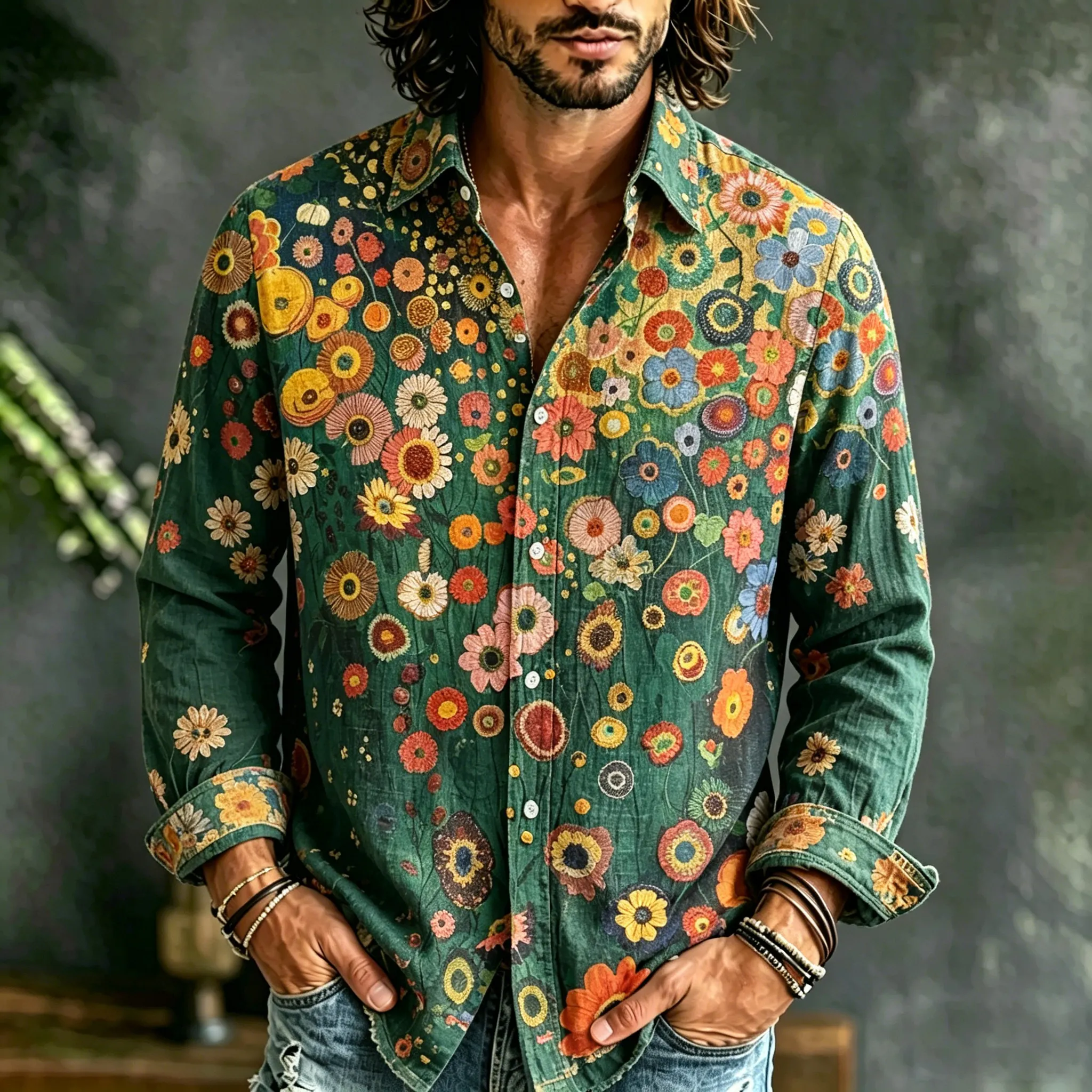 Men's Vintage Floral Art Print Long Sleeves Linen Shirt elevenforest