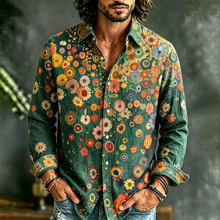Men's Vintage Floral Art Print Long Sleeves Linen Shirt