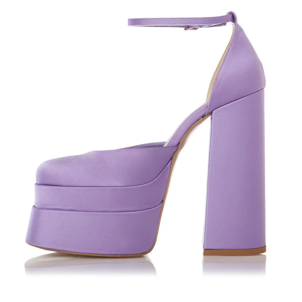 YDN Simple Satin Square Toe Ankle Strap Platform Heels in Purple