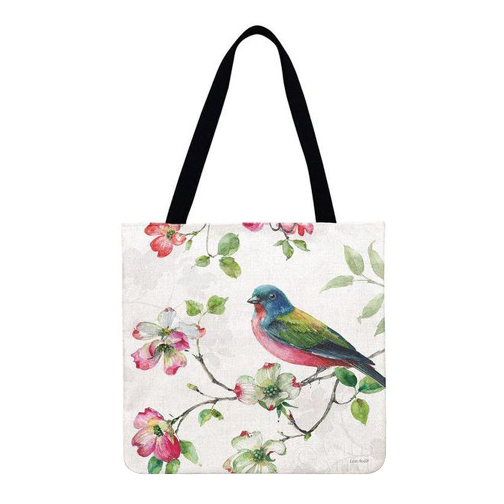 Linen Tote Bag-Flowers and birds