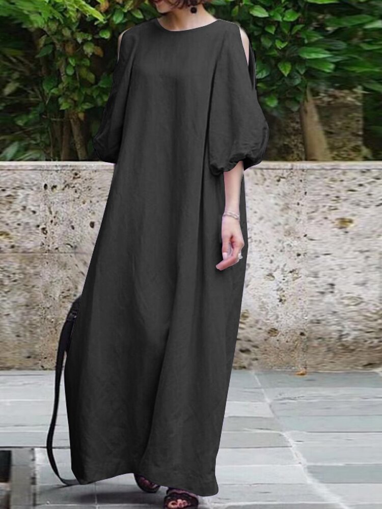 Solid Color Half Puff Sleeve O-neck Maxi Dress - BlackFridayBuys