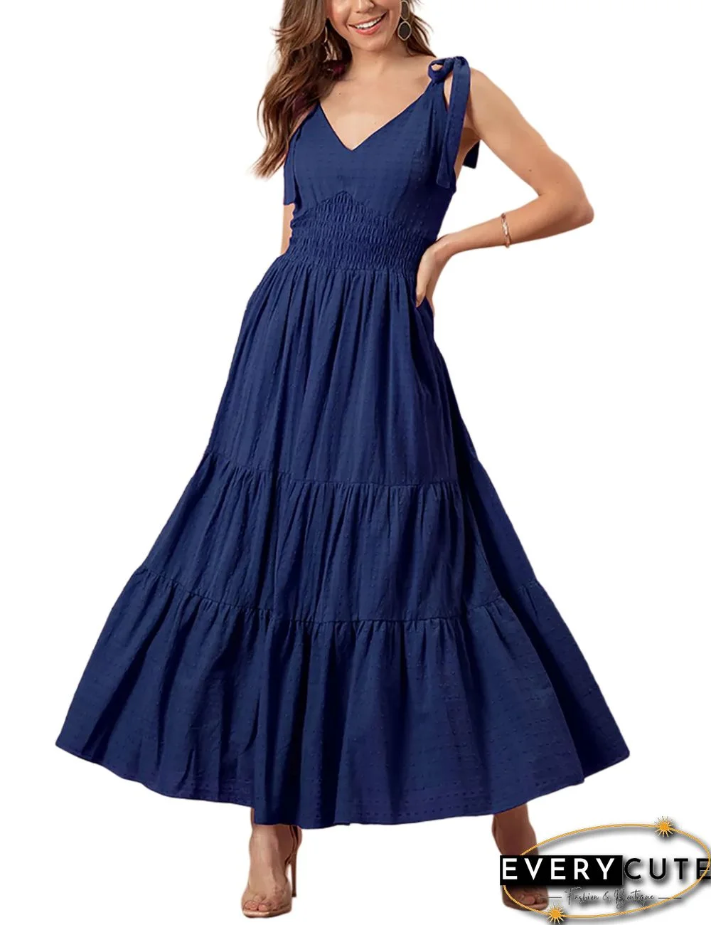 Navy Blue Cotton Blend Slim Waist Jacquard Long Dress