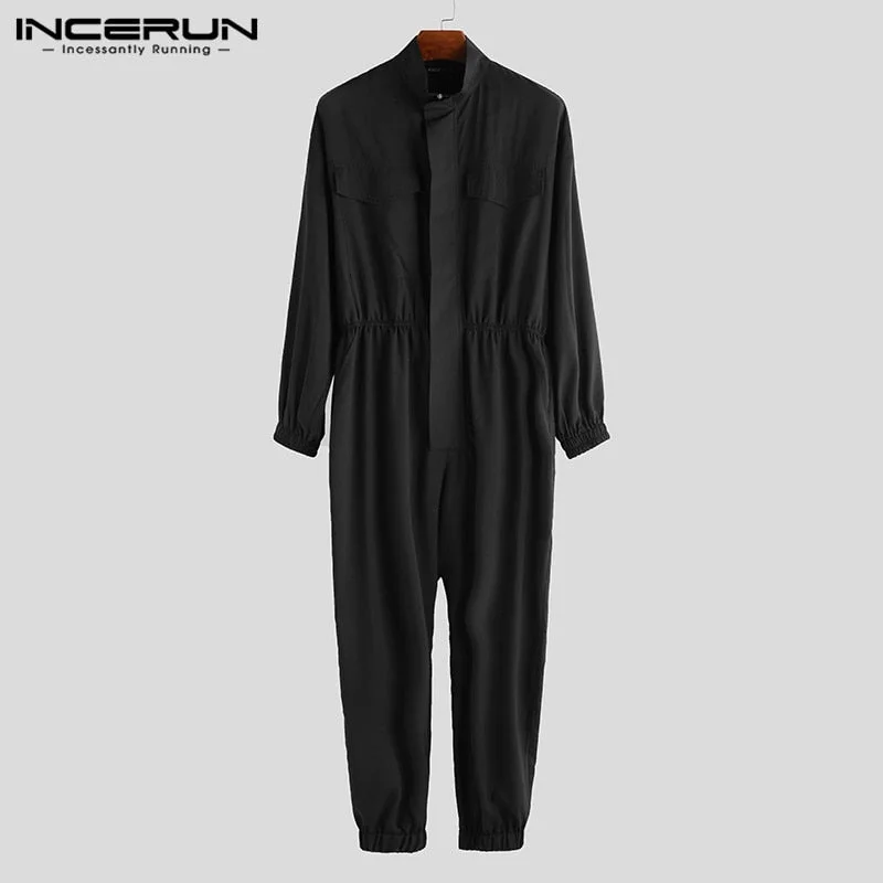 INCERUN Long Sleeve Hip Hop Collar Japanese Retro Men's Suit Jumpsuit Overalls 2022 Solid Color Thin Section Nine-Piece Jumpsuit