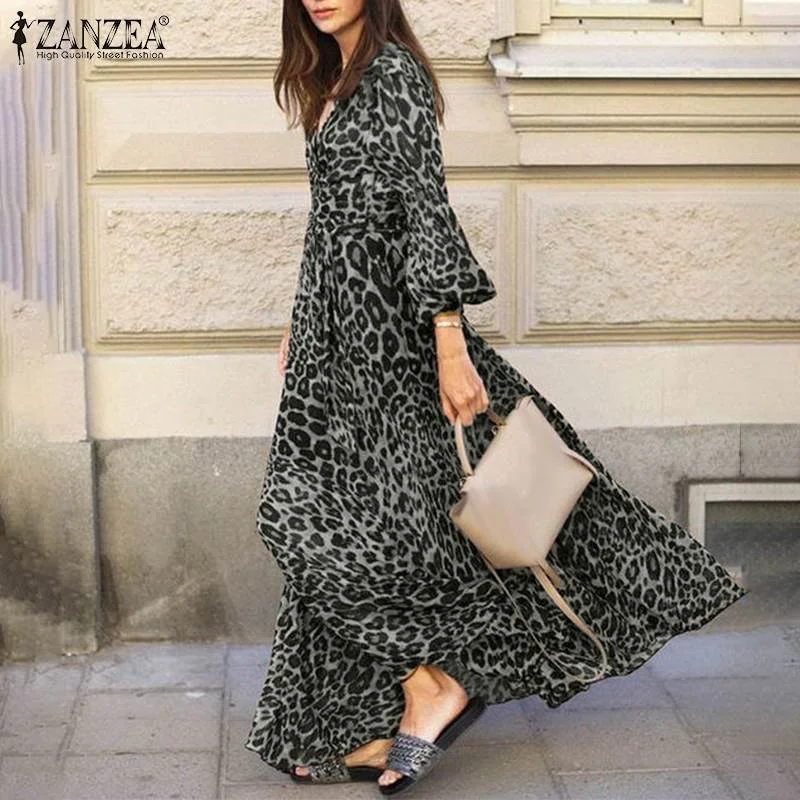 ZANZEA Women Spring Puff Sleeve Maxi Long Sundress Fashion Sexy Leopard Printed Party Dress V Neck High Waist Holiday Vestidos 7