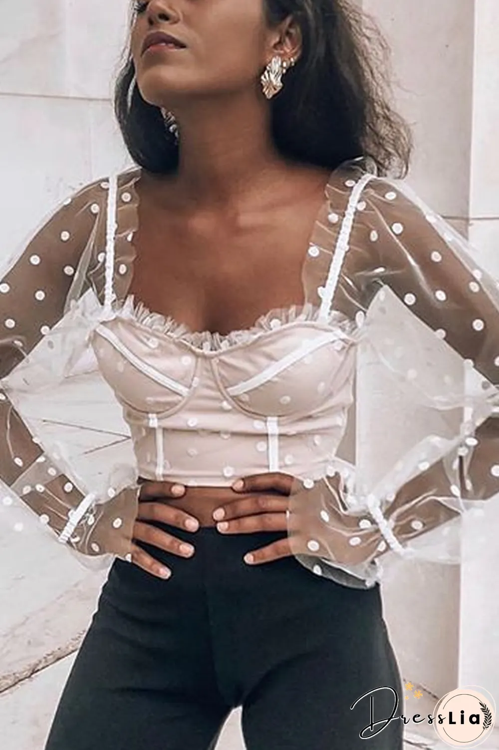 Dot See Though Long Sleeve Crop Top