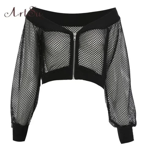 Pornhint ArtSu Summer 2023 Black Mesh Top Long Sleeve Off Shoulder Sexy Club Wear Short T-shirt Fitness Crop Top Streetwear ASTS20417
