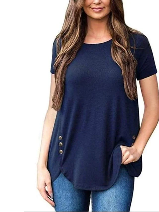 Women's Hem Short Sleeve-Shirt Solid Color Tee Round Neck Summer Daily
