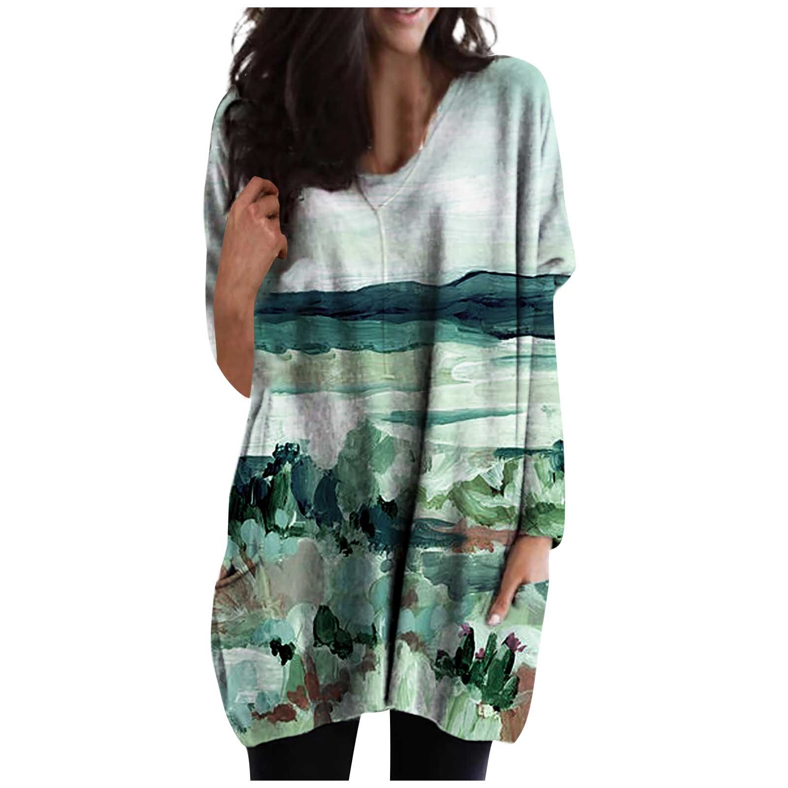 Women's fashion pullover simple V-neck landscape painting oil painting printing long-sleeved top