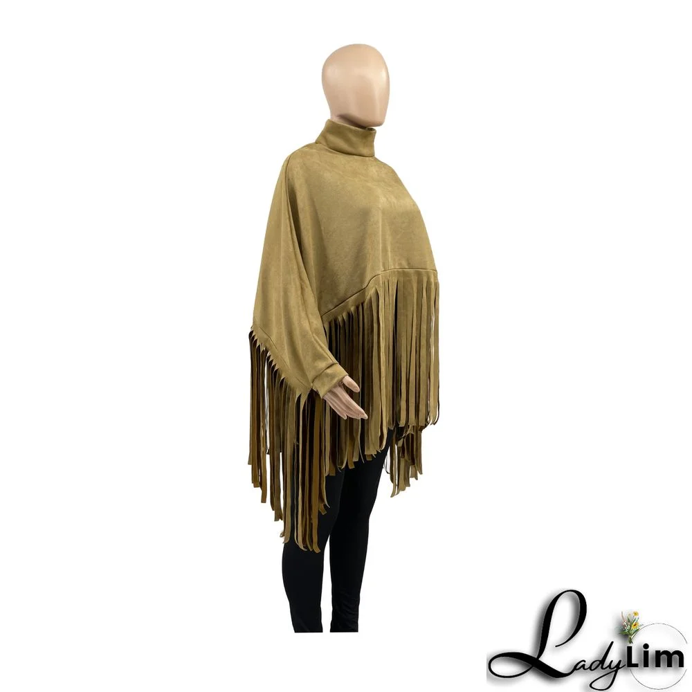 Women Autumn/Winter Premium Deerskin Fleece Fringe Shawl Cape Coat
