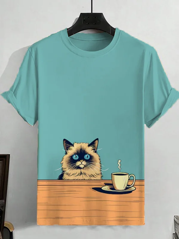 Men's Colorblock Cute Cat Coffee Art Print Casual T-Shirt