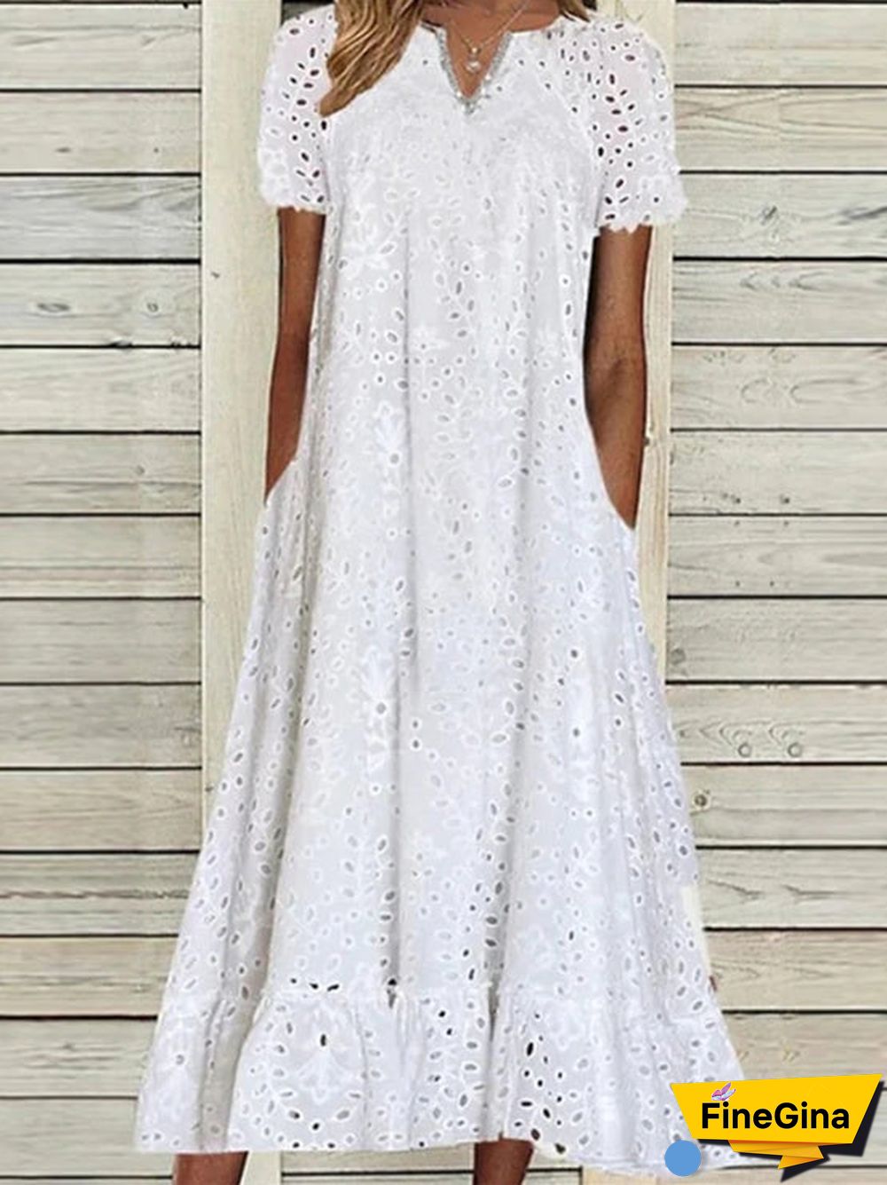 Women's White Short Sleeve V-neck Lace Midi Dress