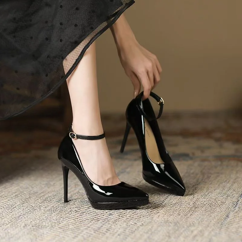 Breakj Breakj Patent Leather Buckle Super High Heel Sexy Name Waterproof Table High Heel Fine Temperament Working Shoes