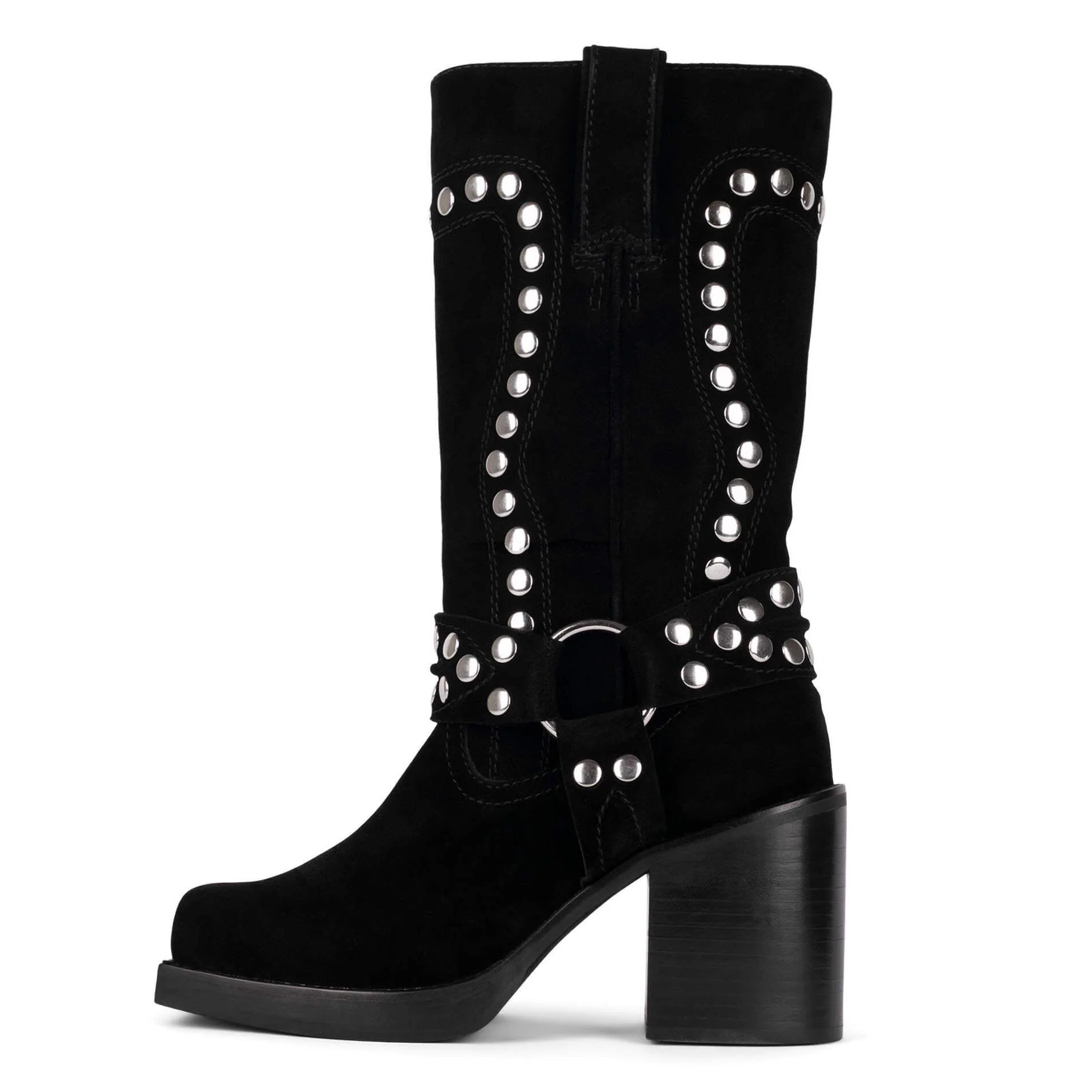 VCSHOES Suede Knee High Boots Square Toe Wedge Boots Buckle Strap Rivet Ankle Boots For Women