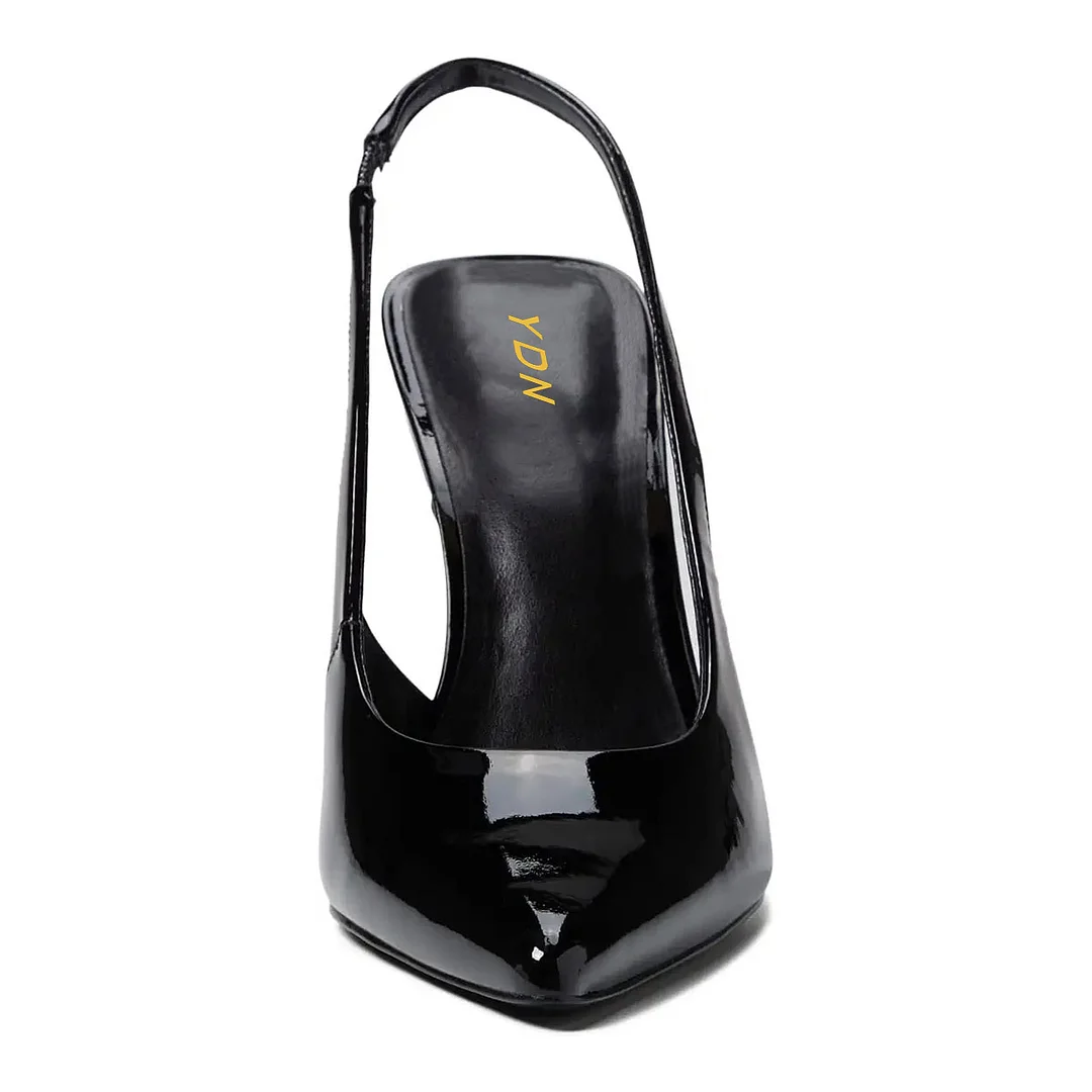 Patent Leather Pointed Toe Slingback Flared Heel Black Pumps for Women