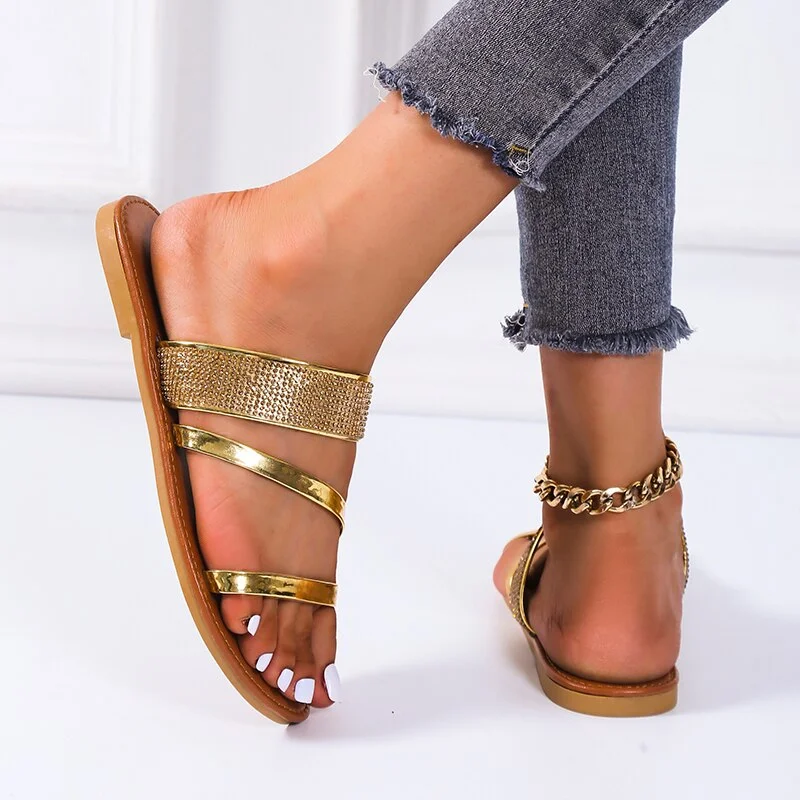 Qengg Sequined Rhinestone Slippers Women's Summer Casual light Sandals 2021 Fashion Ladies Golden Flip-Flop Beach Flat Outdoor Sandals