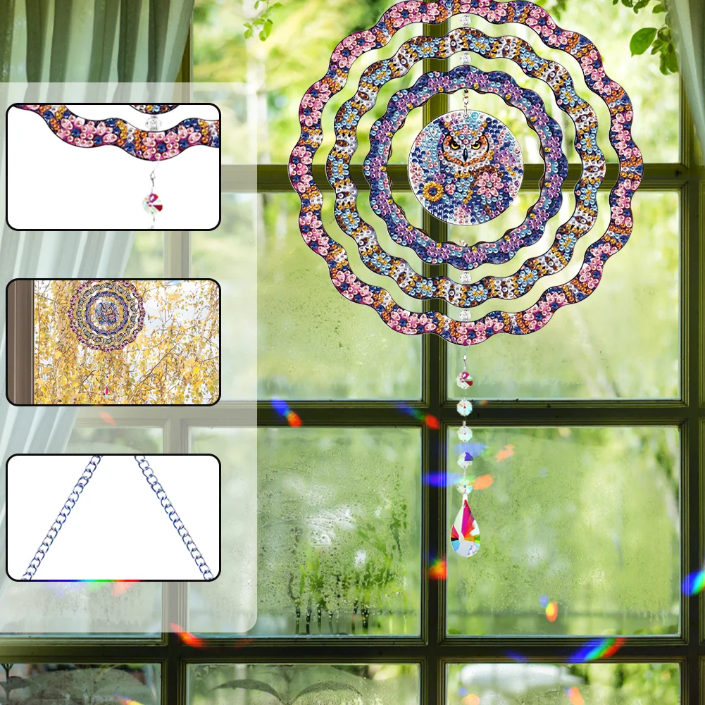DIY Diamond Painting Rotating Wind Chime Diamond Art Hanging Pendant (Owl B)