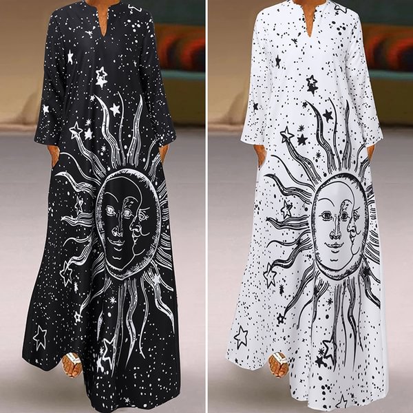 Women Spring Summer Long Sleeve Casual Print Loose Long Dress - Life is Beautiful for You - SheChoic