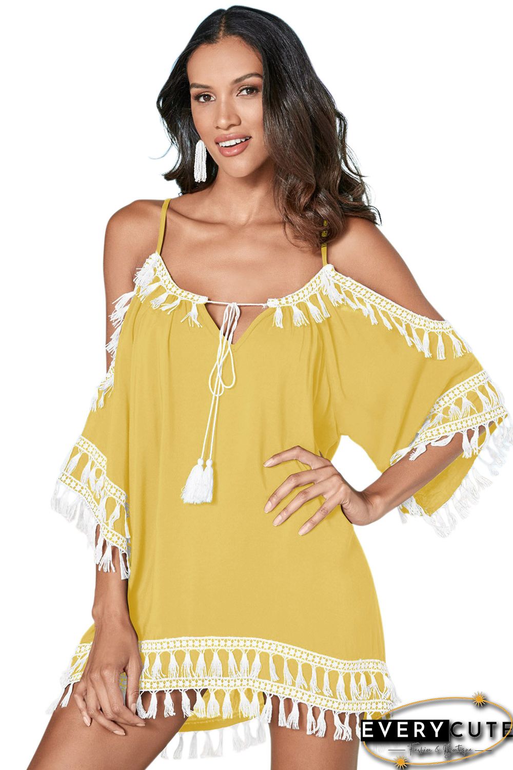 Yellow Boho Tassel Tunic Cover up