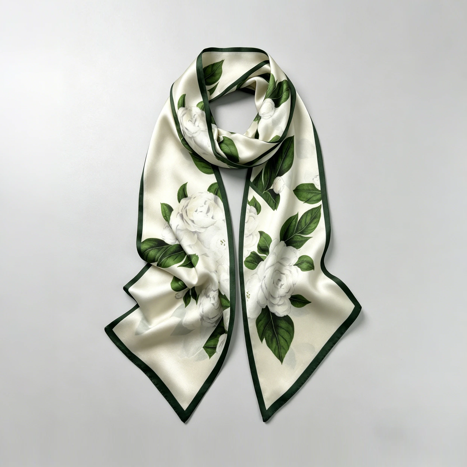 Skinny Silk Scarf Gentle Green Camellia Print 100% Mulberry Silk Long Narrow Sash for Neck, Hair & Bag REAL SILK LIFE