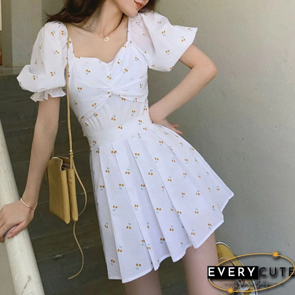 Summer Women's Sexy Low-Cut Puff Sleeve Floral Print White Mini Dress Plus Size Korean Fashion Short Pleated Dress