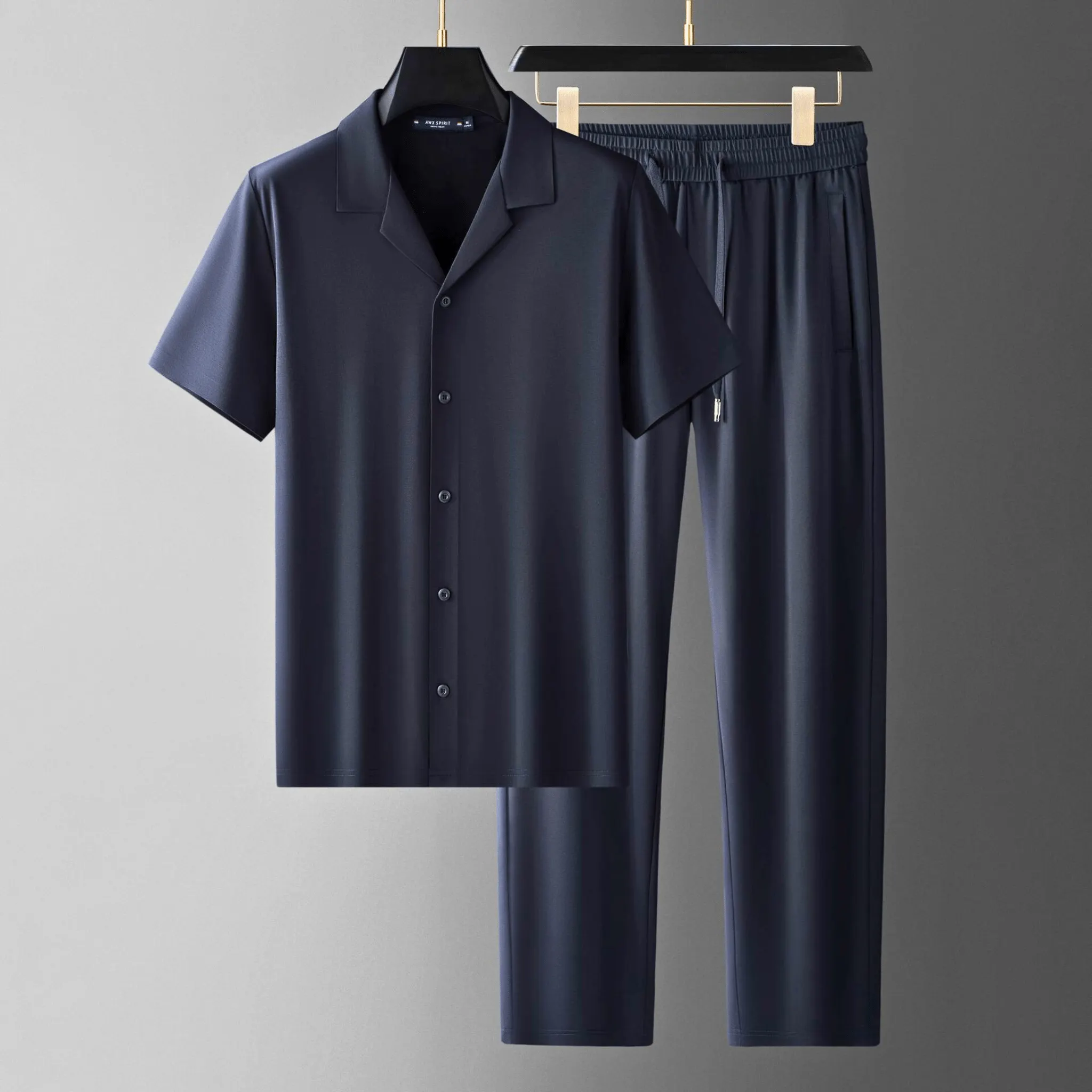 Men's Two-Piece Lounge Set &ndash; Camp Collar Shirt and Trousers &ndash; Midnight Navy