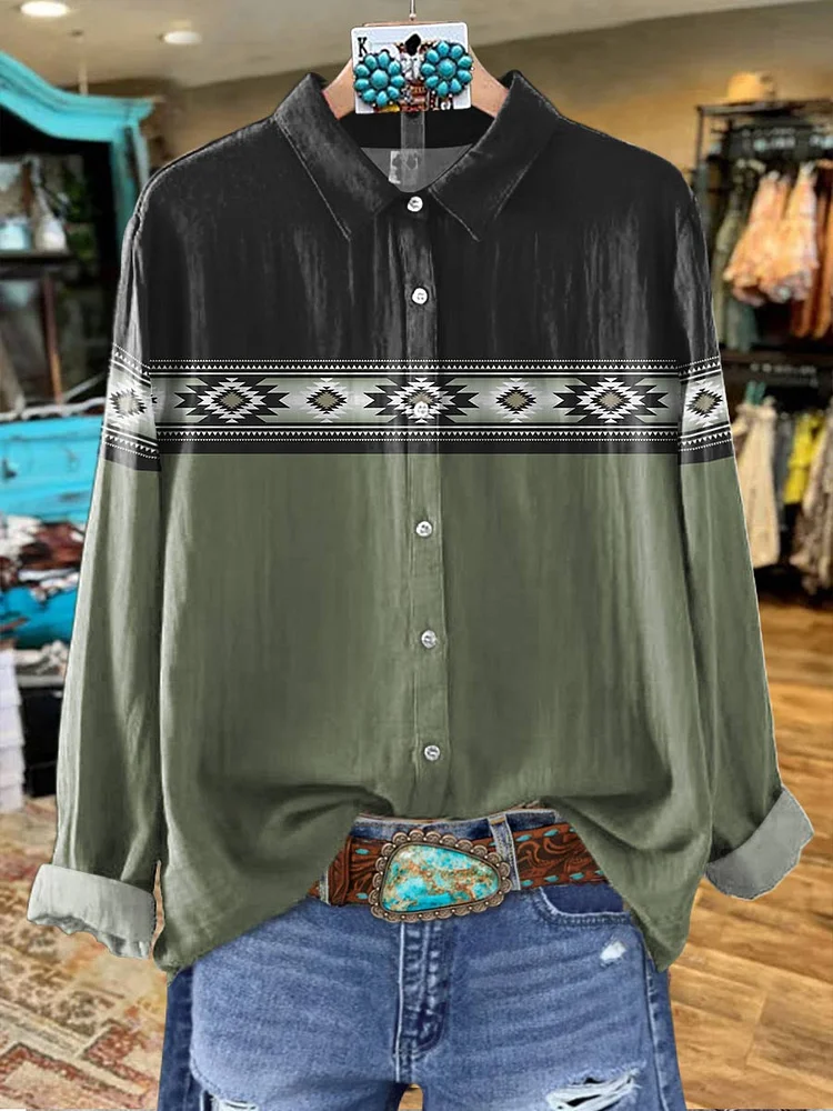 Women's Black and Green Aztac Print Casual Cotton Shirt
