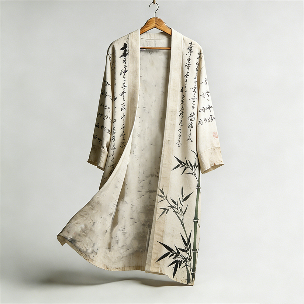 Men's Japanese Art Bamboo Forest Text Ink Dyeing Plain Color Art Kimono  artssus