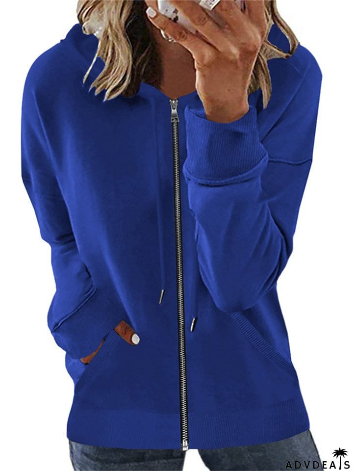 Casual Long Sleeve Solid Color Zipper Hoodies