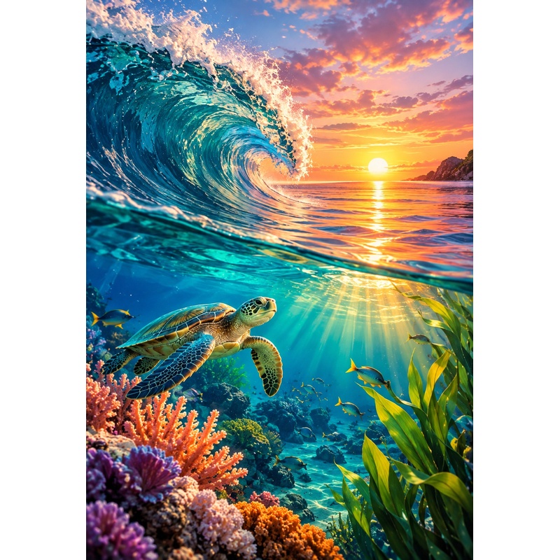 Jesbrilli Collaboration |Sunset Ocean Turtle– Full Drill with AB & Fairy Dust Detail Highlights – Full Round/Square Diamond Painting (Velvet Cloth)