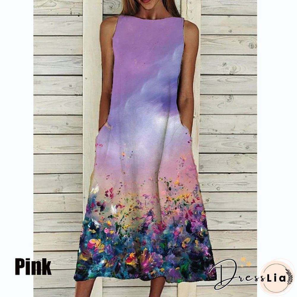 XS-5XL Plus Size Fashion Women Summer Casual Tops Elegant Sleeveless Print A-Line Dress Round Neck Casual Party Dresses Girls Sweet Dress