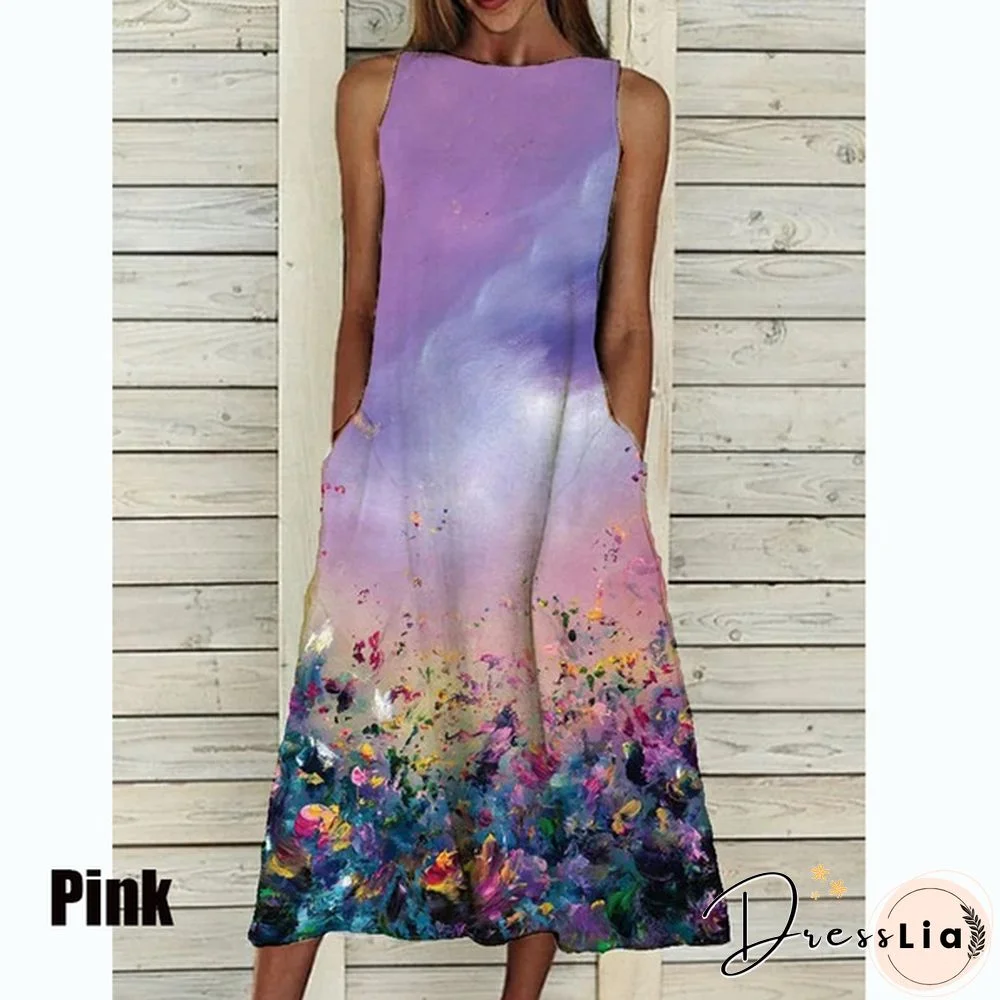 XS-5XL Plus Size Fashion Women Summer Casual Tops Elegant Sleeveless Print A-Line Dress Round Neck Casual Party Dresses Girls Sweet Dress