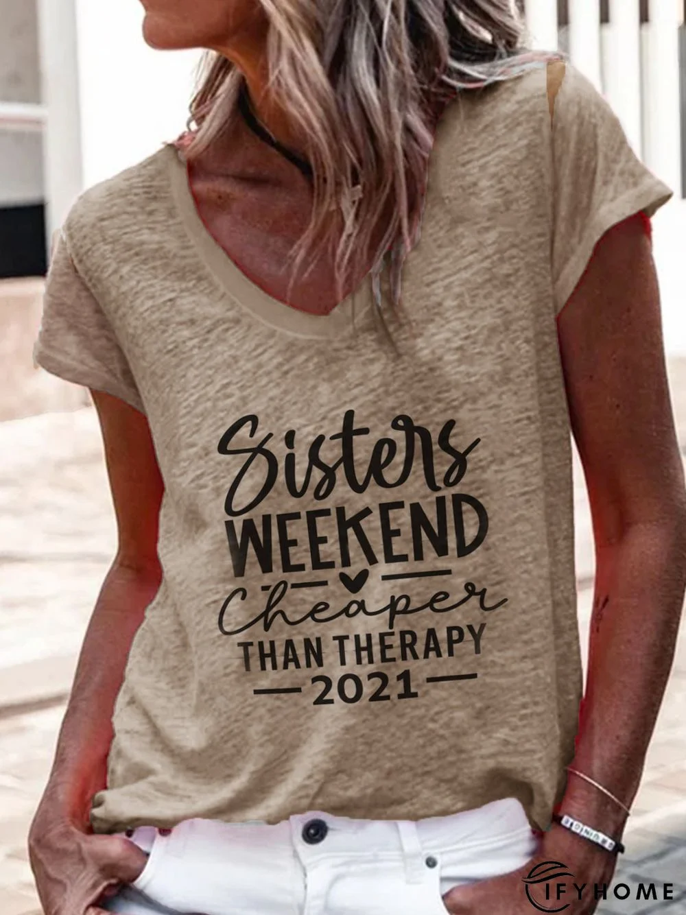 V Neck Letter Casual Cotton-Blend T-shirt | IFYHOME