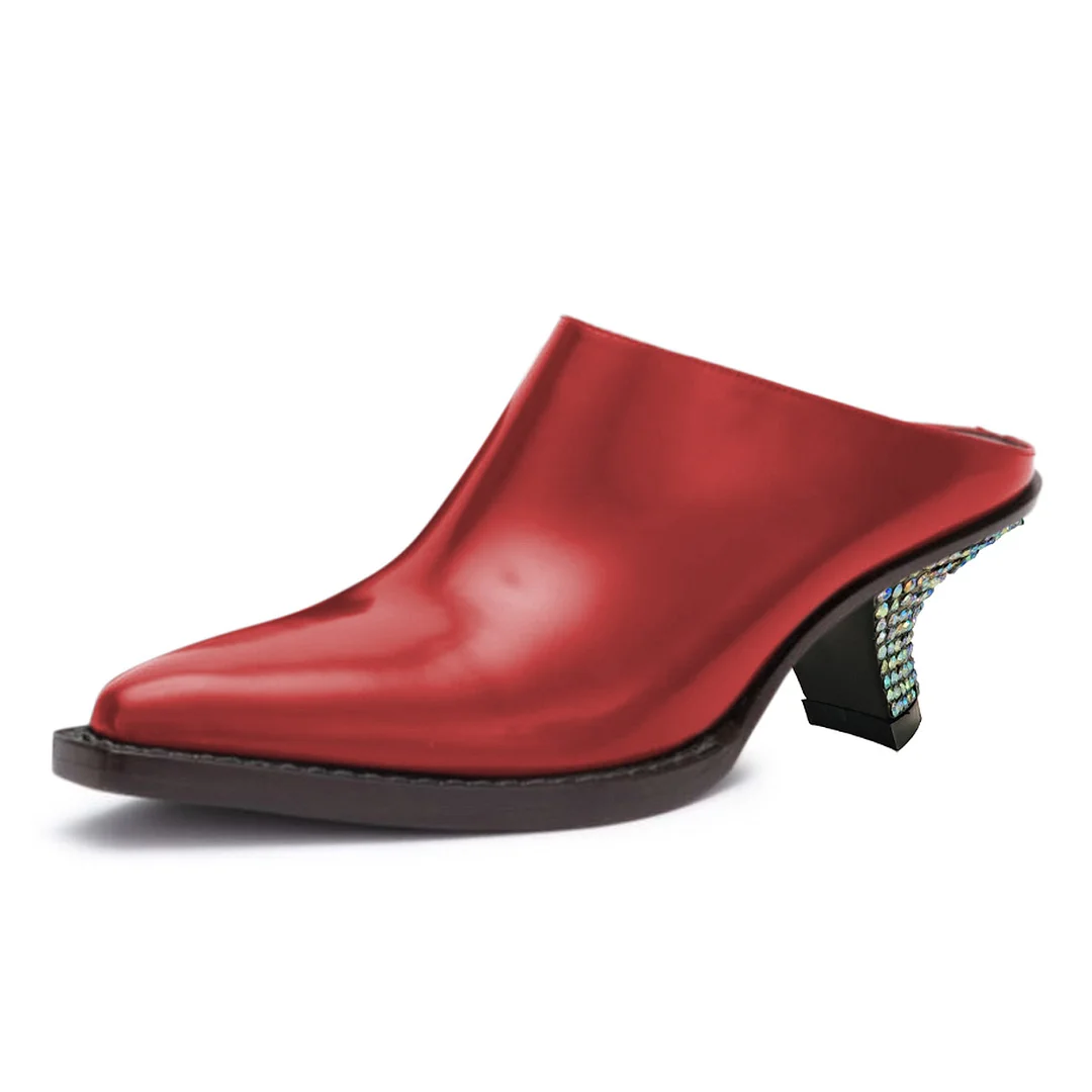 YDN Pointed Toe Rhinestone Decorative Heel Women's Mules Shoes in Red