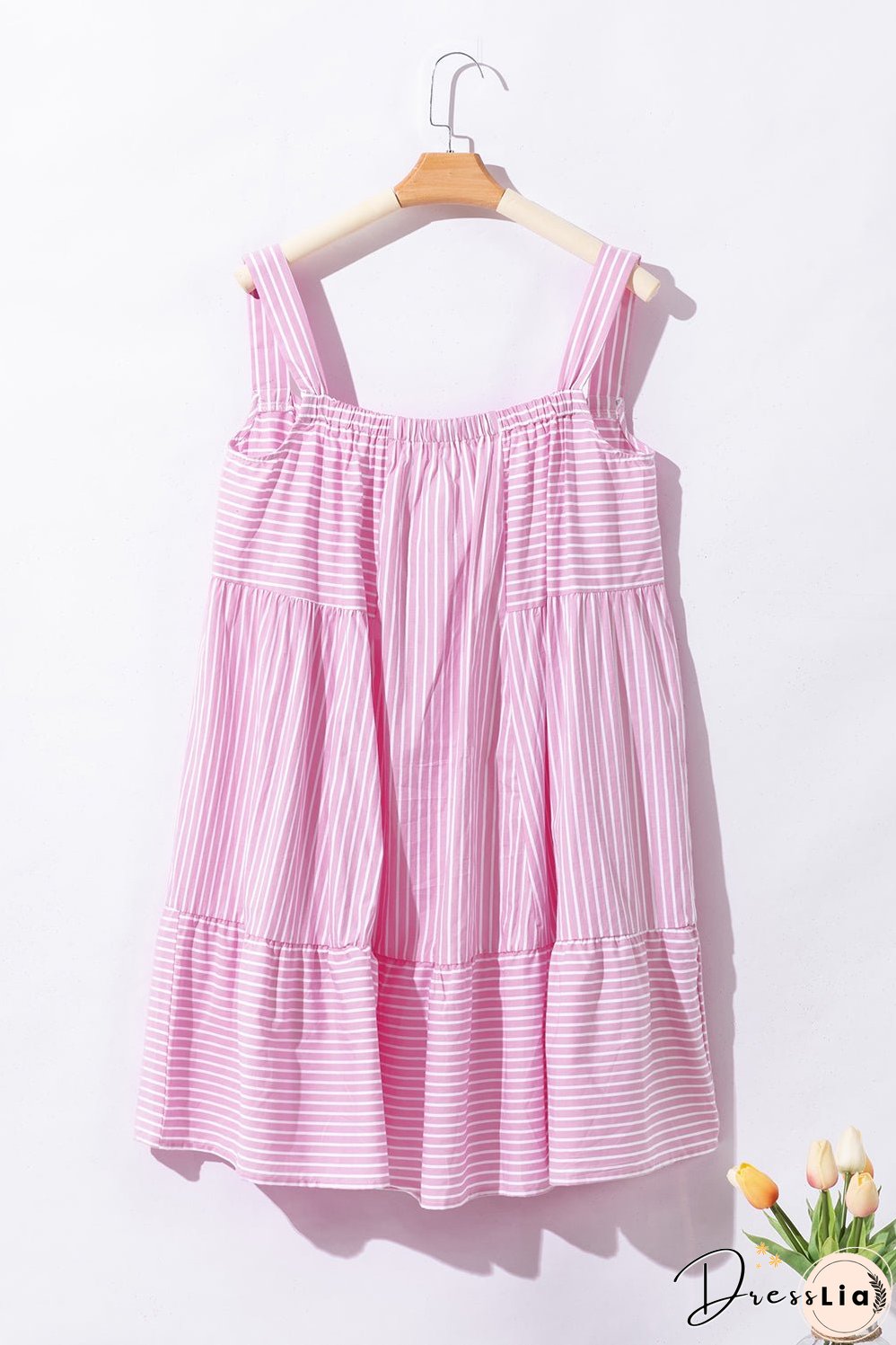 Pink Stripe Pinstriped Ruffled Hem Sleeveless Mini Flared Dress
